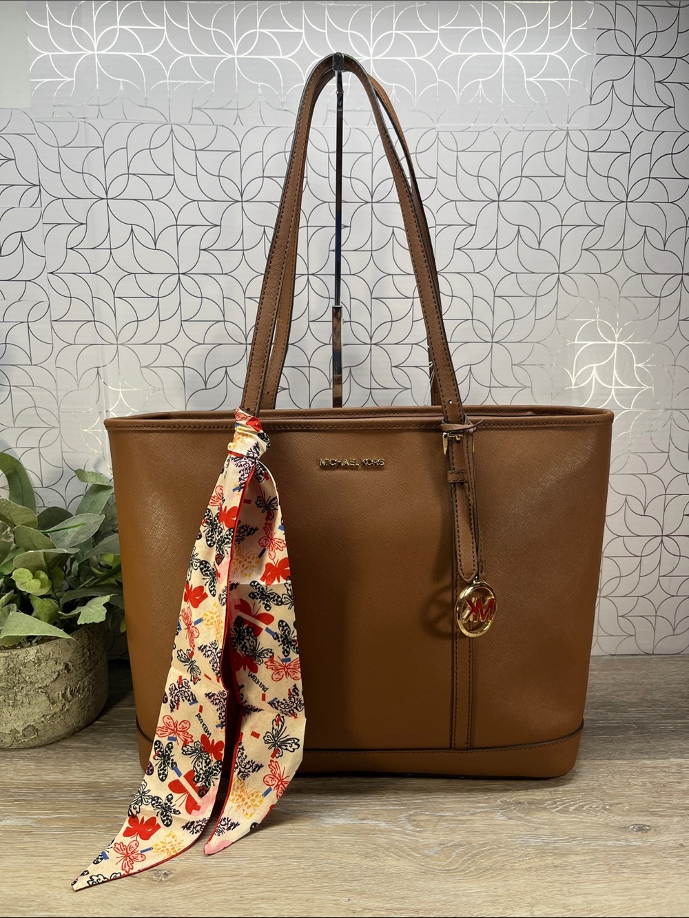 7691 Michael Kors Brown Leather Tote with MK Charm 268297691